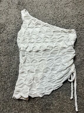 See You Monday | White Textured One-Shoulder Tank Top